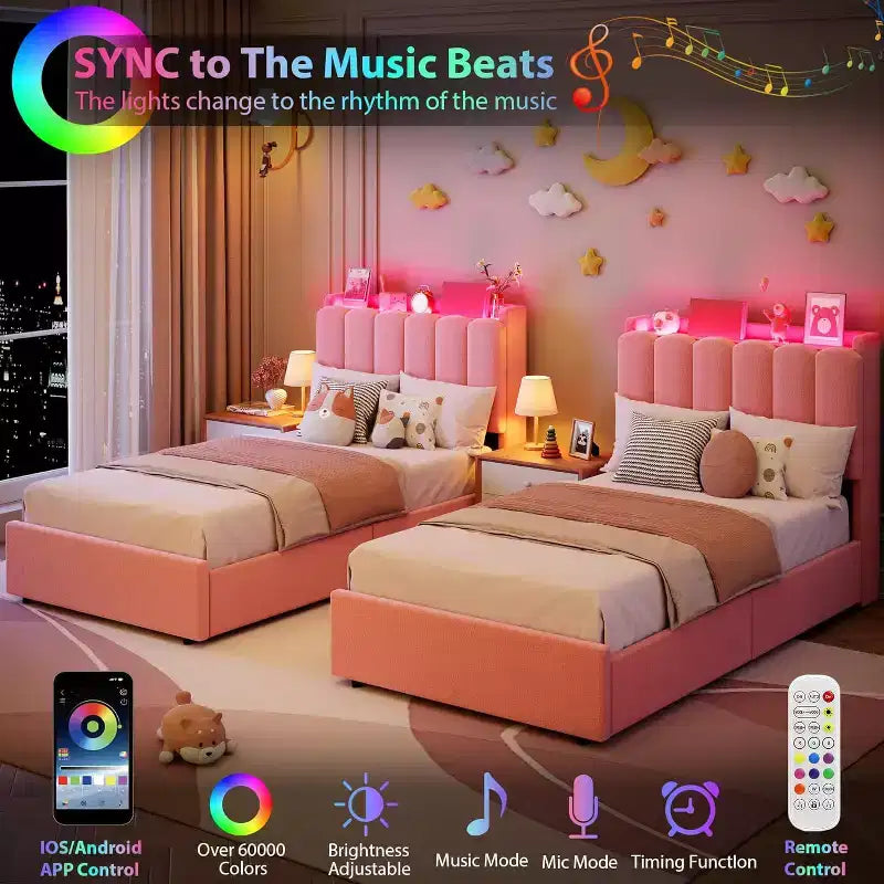 Lit plateforme avec tête de lit de rangement en tissu bouclé pour enfant