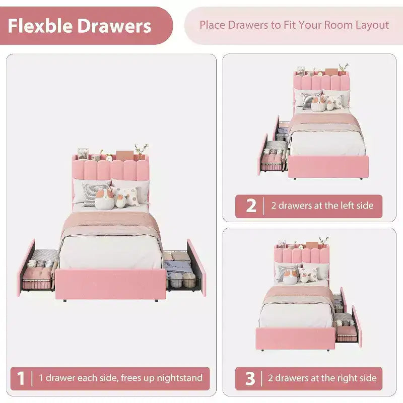 Lit plateforme avec tête de lit de rangement en tissu bouclé pour enfant