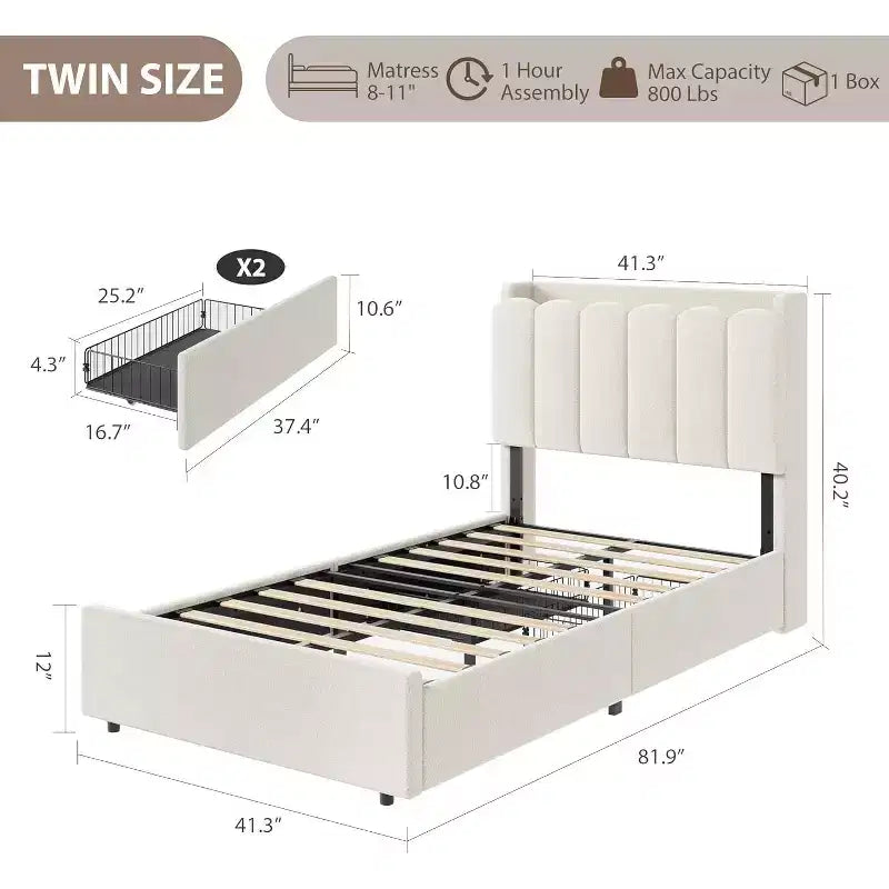 Lit plateforme avec tête de lit de rangement en tissu bouclé pour enfant
