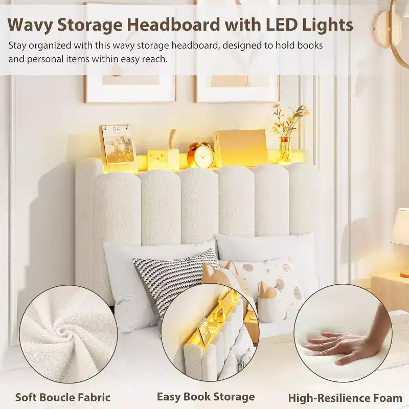Lit plateforme avec tête de lit de rangement en tissu bouclé pour enfant