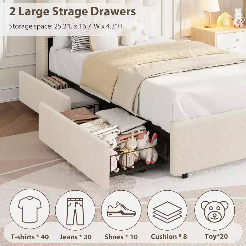 Lit plateforme avec tête de lit de rangement en tissu bouclé pour enfant