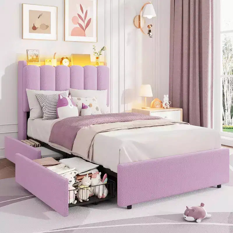 Lit plateforme avec tête de lit de rangement en tissu bouclé pour enfant