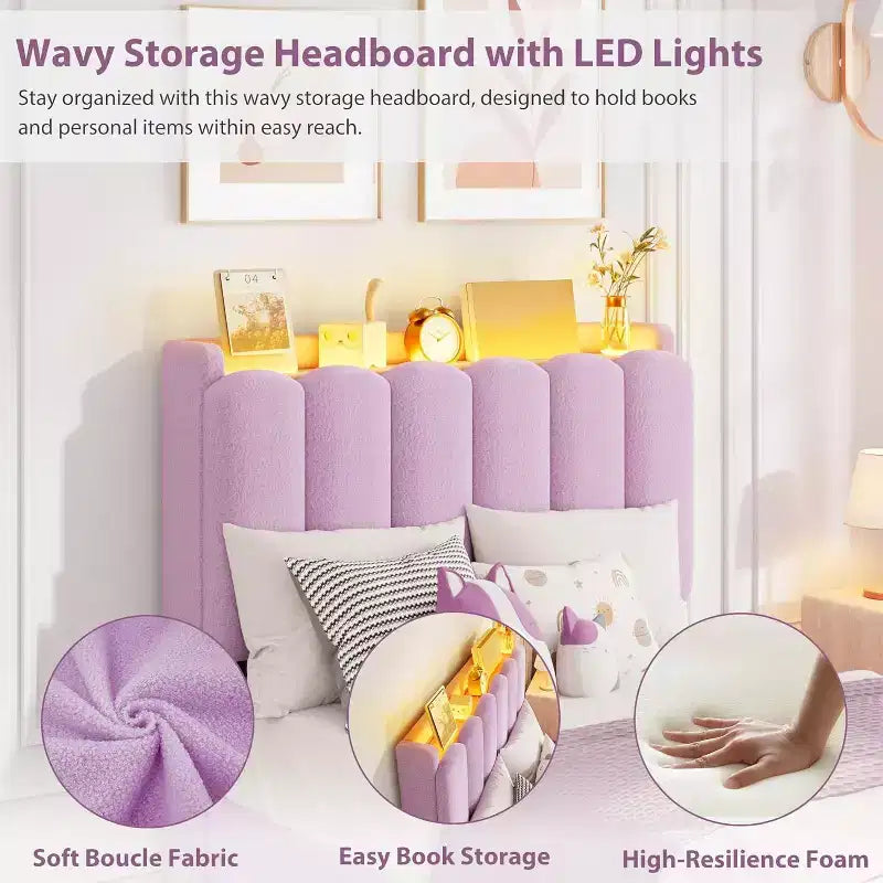 Lit plateforme avec tête de lit de rangement en tissu bouclé pour enfant