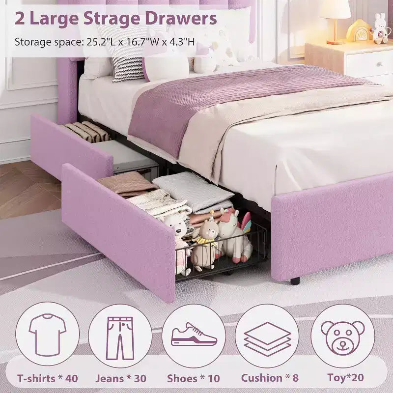 Lit plateforme avec tête de lit de rangement en tissu bouclé pour enfant