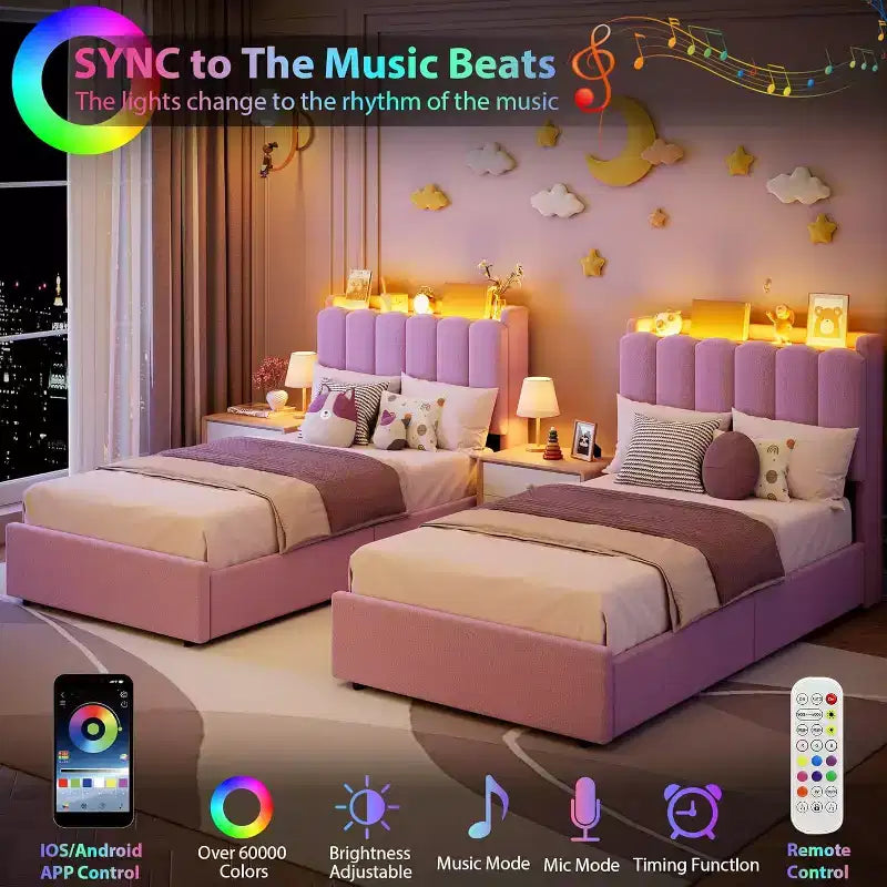 Lit plateforme avec tête de lit de rangement en tissu bouclé pour enfant