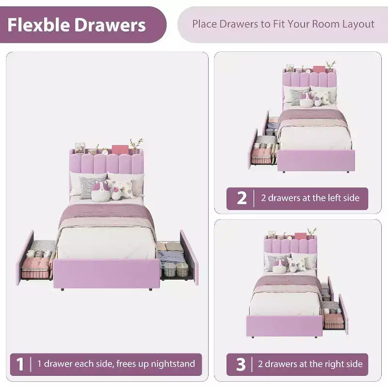 Lit plateforme avec tête de lit de rangement en tissu bouclé pour enfant