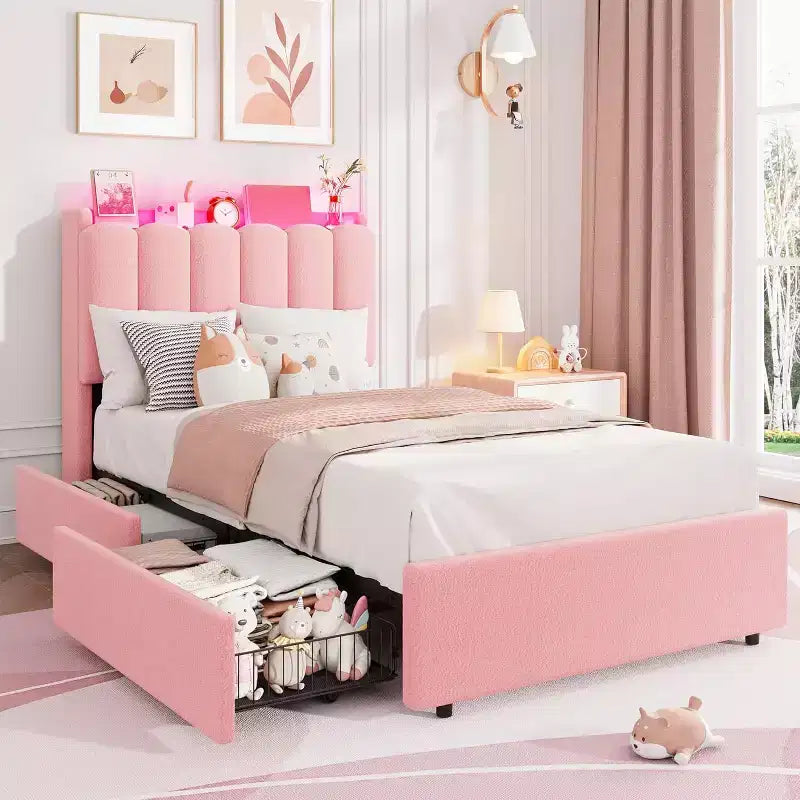 Lit plateforme avec tête de lit de rangement en tissu bouclé pour enfant