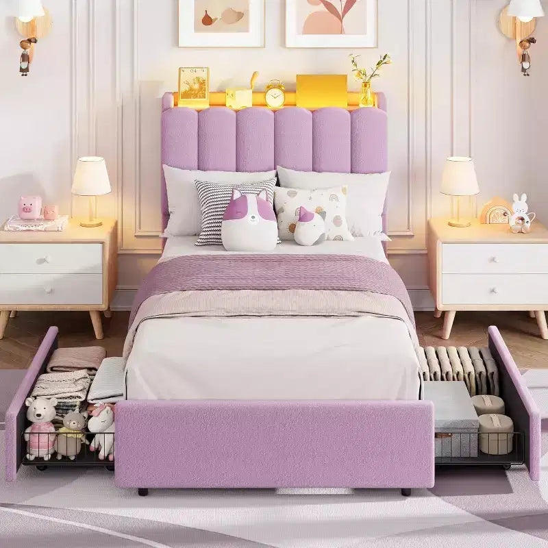 Platform Bed Frame with Storage Headboard Boucle Upholstered Kids Bed for Girls 2 Drawers Wavy Headboard No Box Spring Needed