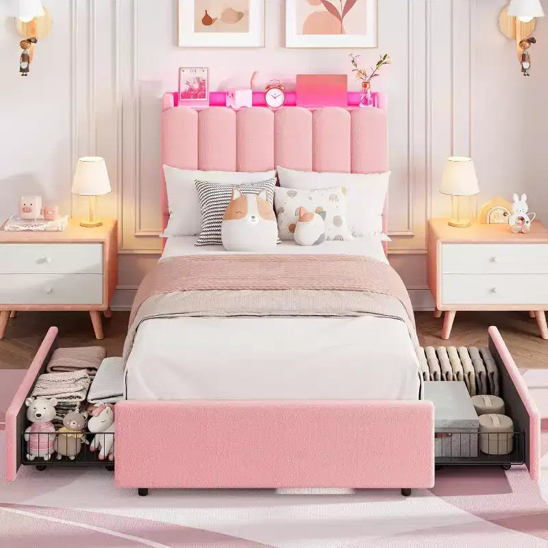 Lit plateforme avec tête de lit de rangement en tissu bouclé pour enfant
