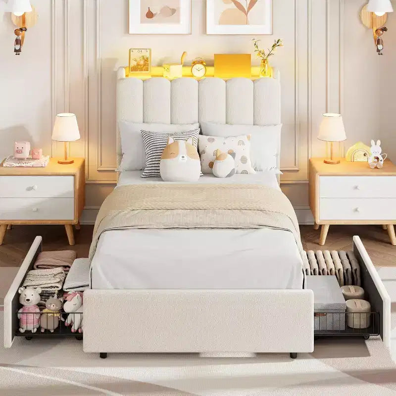 Lit plateforme avec tête de lit de rangement en tissu bouclé pour enfant