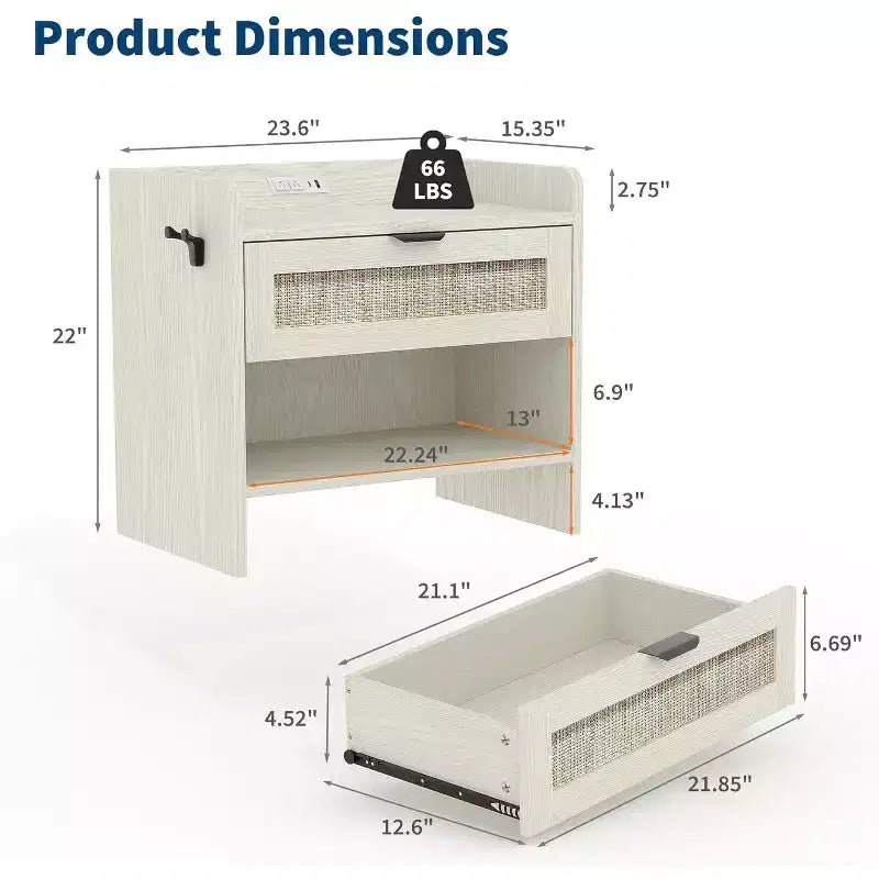 Table de Chevet en Rotin avec Station de Chargement Type-C