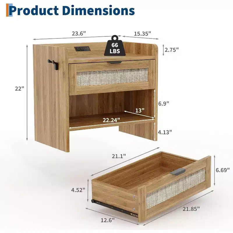 Table de Chevet en Rotin avec Station de Chargement Type-C