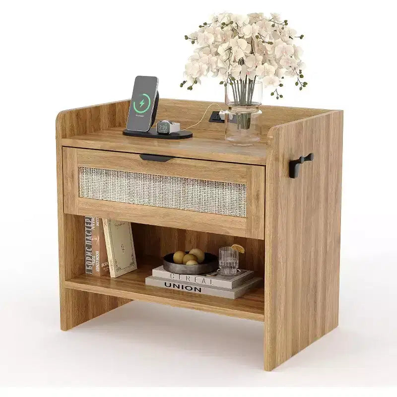 Rattan Nightstand 23.6 Wide Bedside Table Nightstand with Type-C Charging Station Suitable for Bedroom Office Living Room