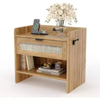 Rattan Nightstand 23.6 Wide Bedside Table Nightstand with Type-C Charging Station Suitable for Bedroom Office Living Room