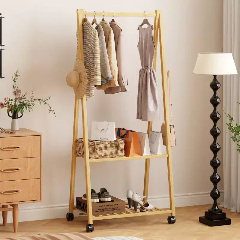 VECELO Freestanding Coat Rack Bamboo Rolling Clothes Rack with 3-Tier Storage & A-Frame Stability Mobile Garment Organizer for Bedroom & Entryway
