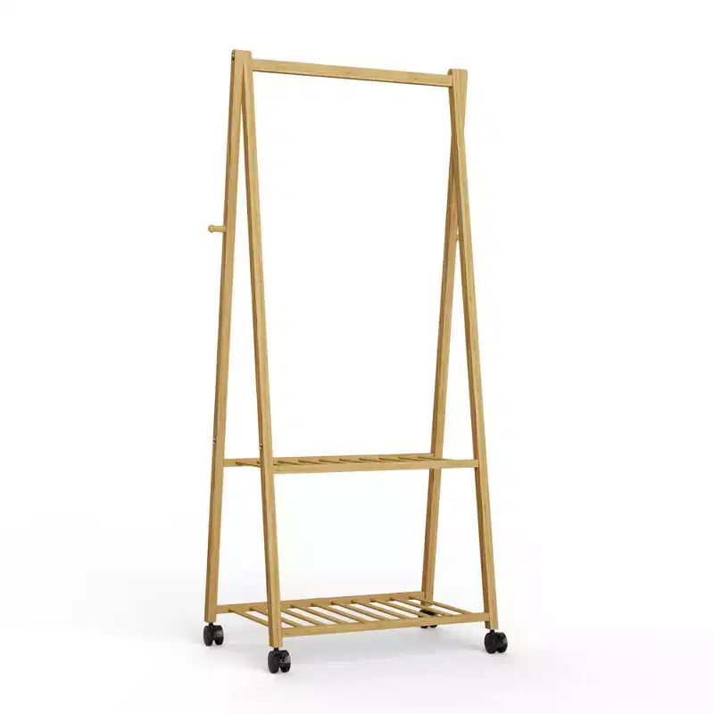 Porte-manteau autoportant en bambou avec roulettes et 3 étagères de rangement
