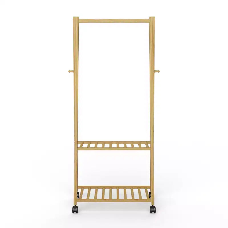 Porte-manteau autoportant en bambou avec roulettes et 3 étagères de rangement