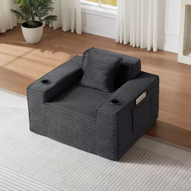 Fauteuil simple en velours côtelé moderne avec porte-gobelet, siège profond et confortable
