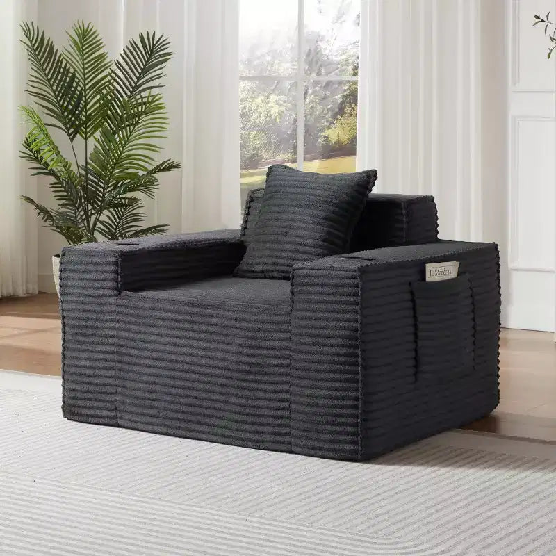 Fauteuil simple en velours côtelé moderne avec porte-gobelet, siège profond et confortable