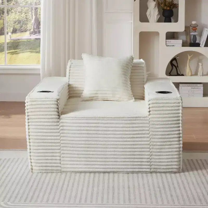 Fauteuil simple en velours côtelé moderne avec porte-gobelet, siège profond et confortable