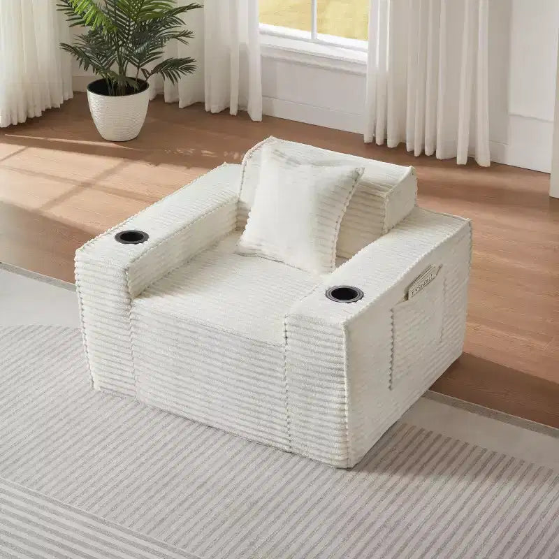 Fauteuil simple en velours côtelé moderne avec porte-gobelet, siège profond et confortable