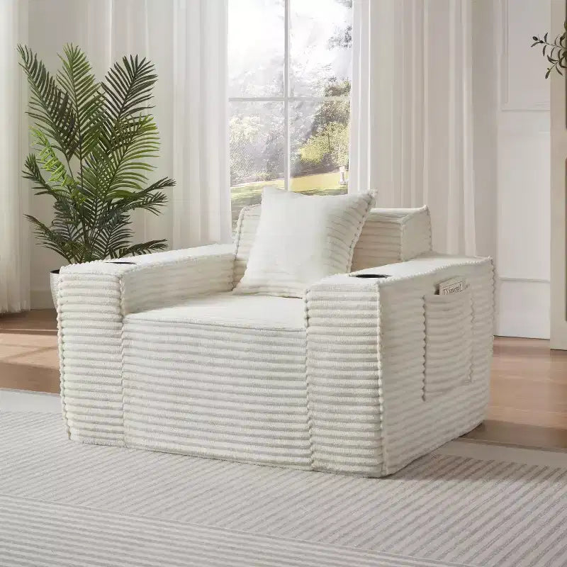 Fauteuil simple en velours côtelé moderne avec porte-gobelet, siège profond et confortable