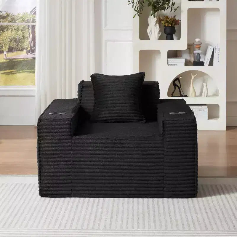 Fauteuil simple en velours côtelé moderne avec porte-gobelet, siège profond et confortable