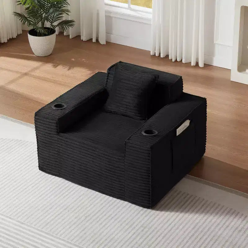 Fauteuil simple en velours côtelé moderne avec porte-gobelet, siège profond et confortable