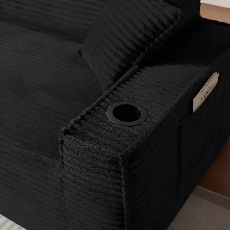Fauteuil simple en velours côtelé moderne avec porte-gobelet, siège profond et confortable
