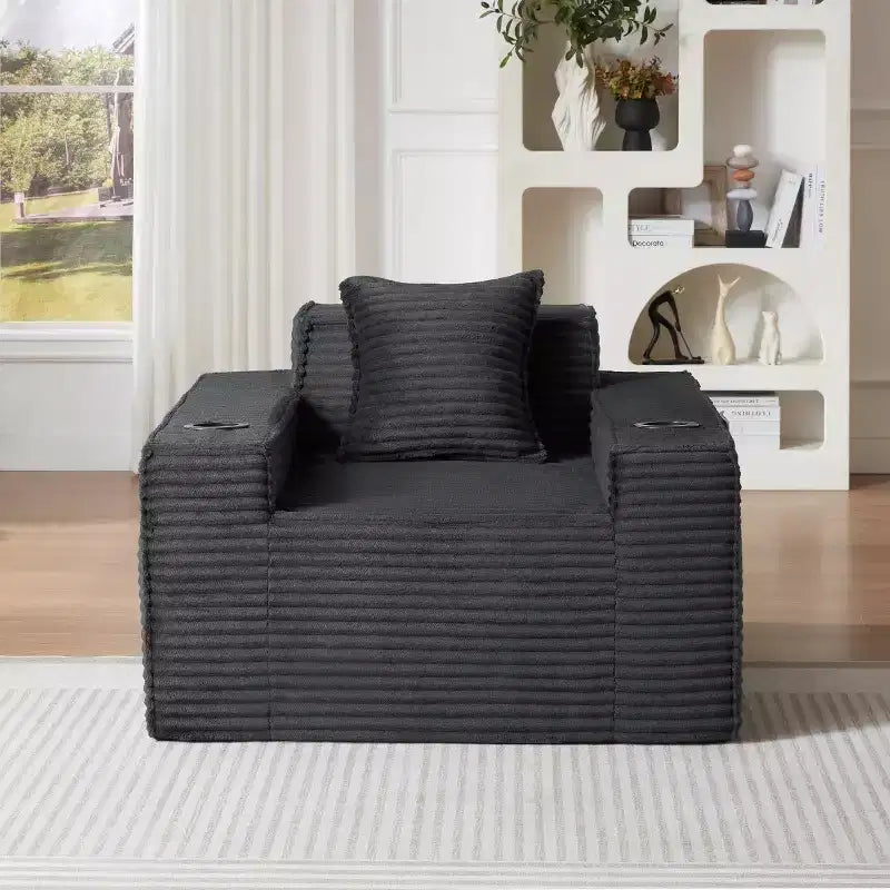 Fauteuil simple en velours côtelé moderne avec porte-gobelet, siège profond et confortable