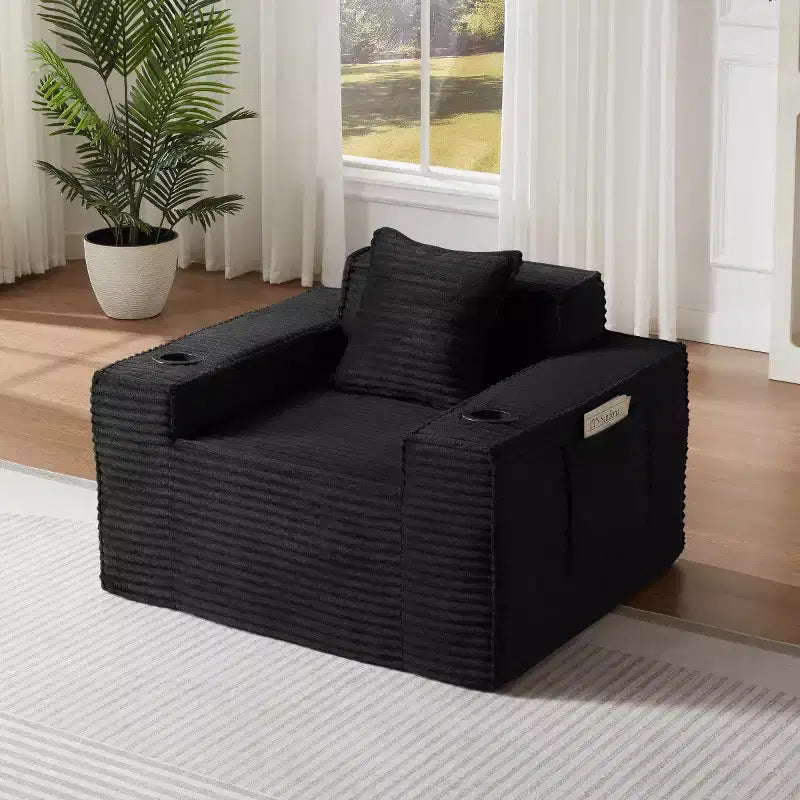 Modern Corduroy Single-Seat Sofa with Cup Holder Comfy Deep Seat Chair for Compact Living Rooms Apartments and Offices-Panipeachy