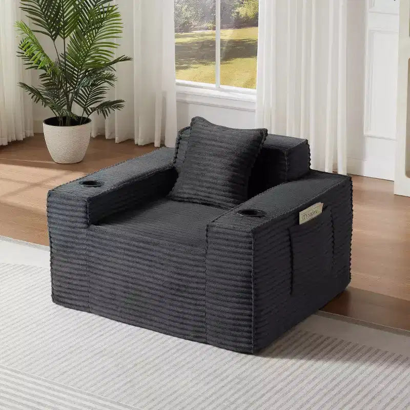 Fauteuil simple en velours côtelé moderne avec porte-gobelet, siège profond et confortable