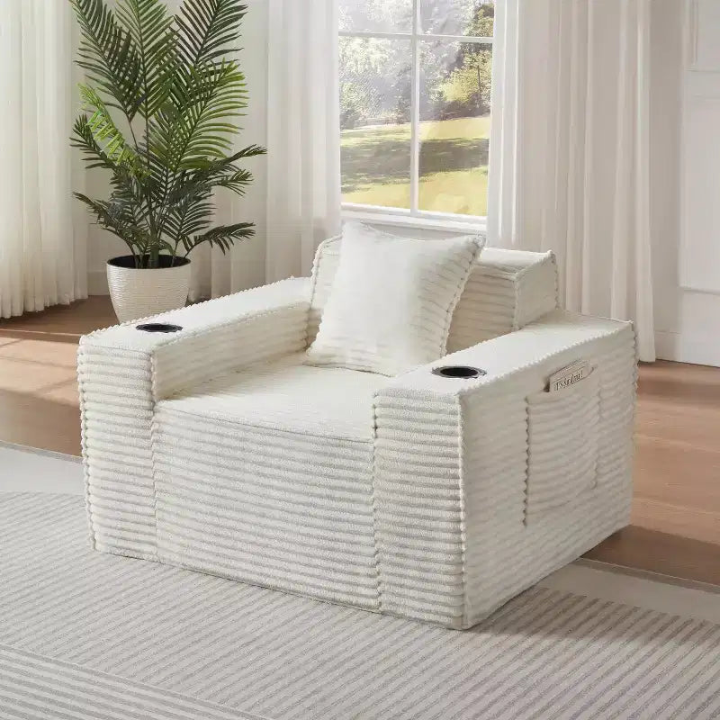 Fauteuil simple en velours côtelé moderne avec porte-gobelet, siège profond et confortable