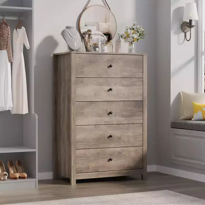 Commode à 5 tiroirs en bois pour chambre à coucher, style moderne et simple