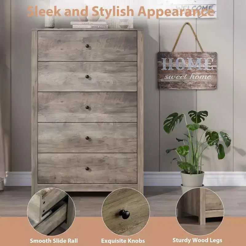 Commode à 5 tiroirs en bois pour chambre à coucher, style moderne et simple