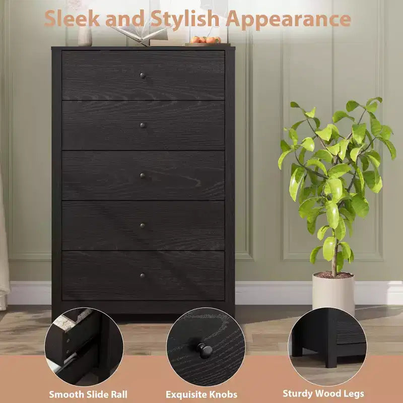 Commode à 5 tiroirs en bois pour chambre à coucher, style moderne et simple
