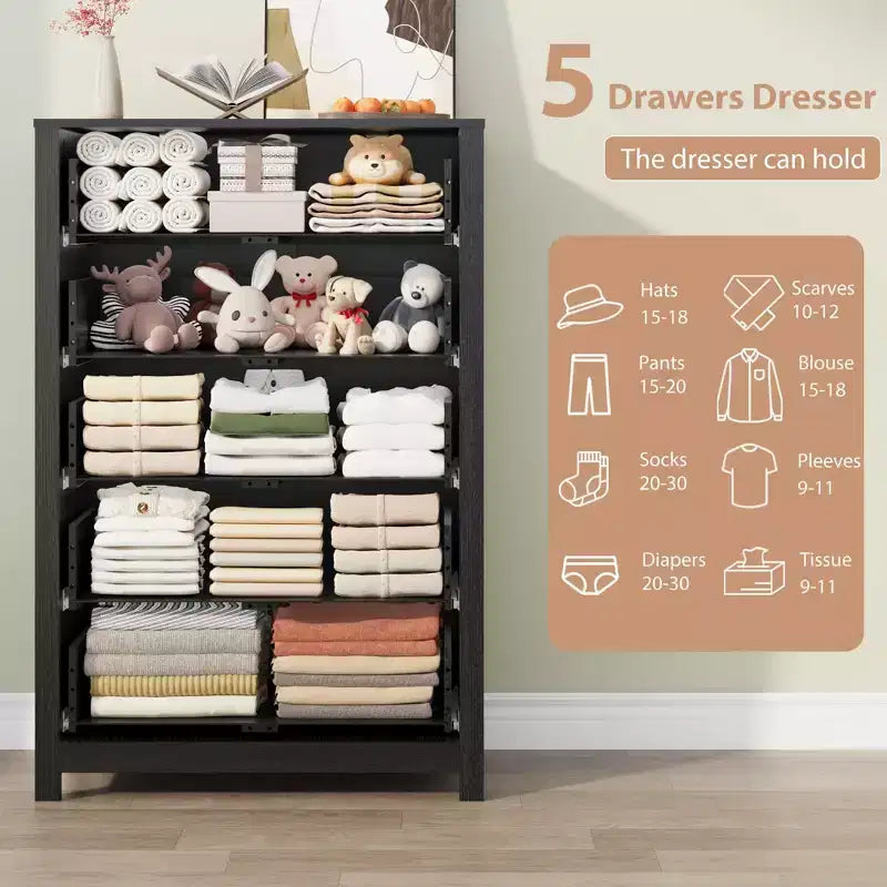 Commode à 5 tiroirs en bois pour chambre à coucher, style moderne et simple