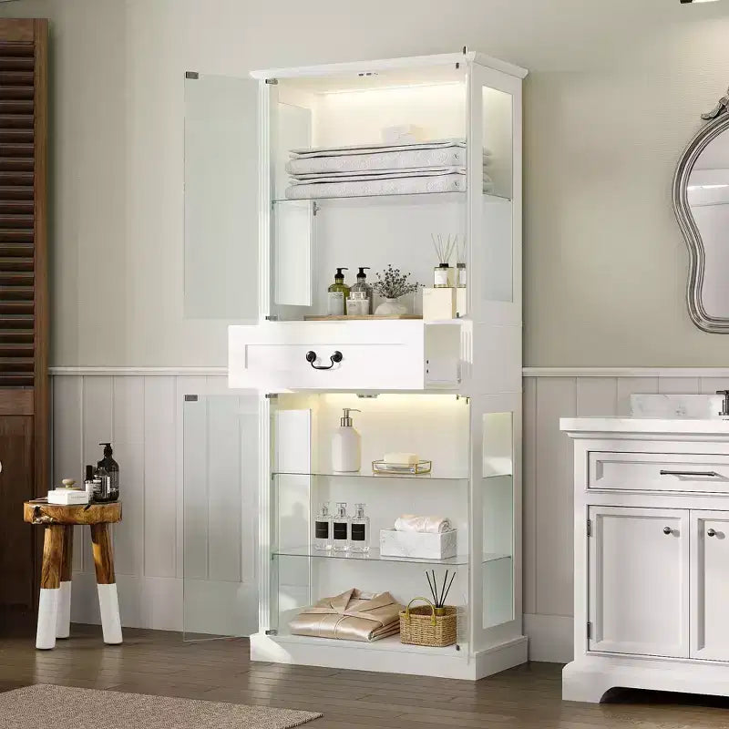 Armoire de salle de bain haute sur pied avec LED 7 couleurs et verre trempé