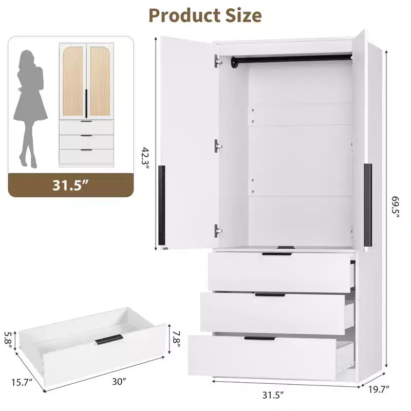 Armoire de penderie moderne en bois avec 3 tiroirs et 2 portes pour suspendre les vêtements