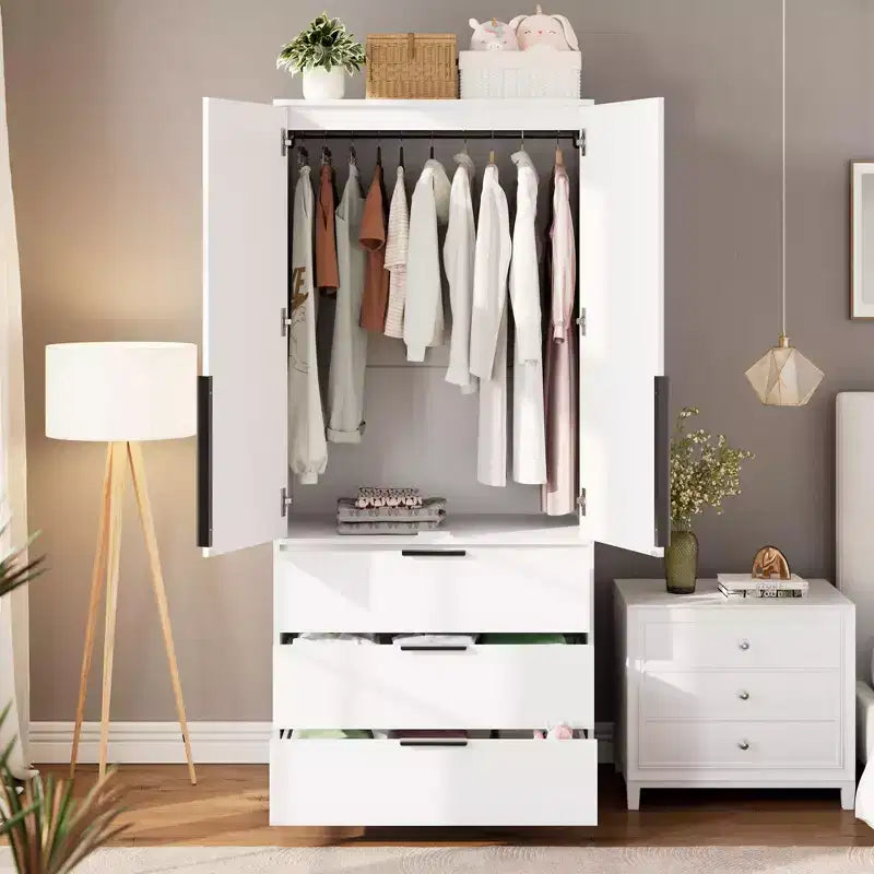 Armoire de penderie moderne en bois avec 3 tiroirs et 2 portes pour suspendre les vêtements