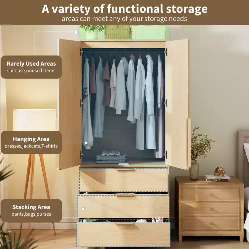 Armoire de penderie moderne en bois avec 3 tiroirs et 2 portes pour suspendre les vêtements