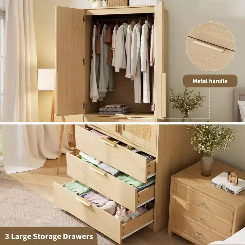 Armoire de penderie moderne en bois avec 3 tiroirs et 2 portes pour suspendre les vêtements