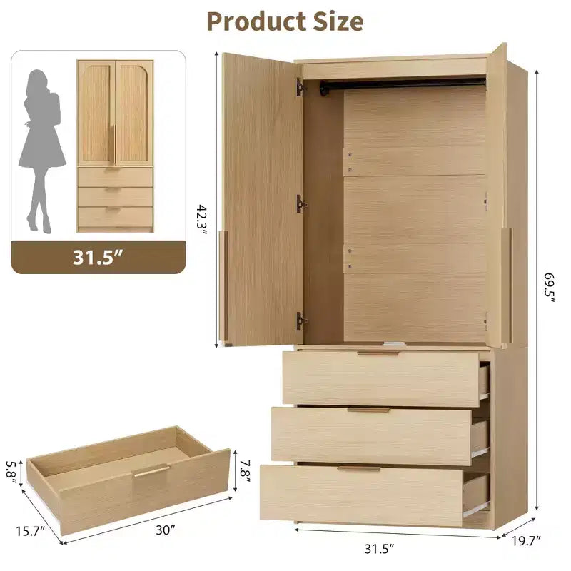 Armoire de penderie moderne en bois avec 3 tiroirs et 2 portes pour suspendre les vêtements