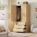 Wardrobe Closet Modern Wooden Armoire with 3 Drawers & 2 Doors for Hanging Clothes