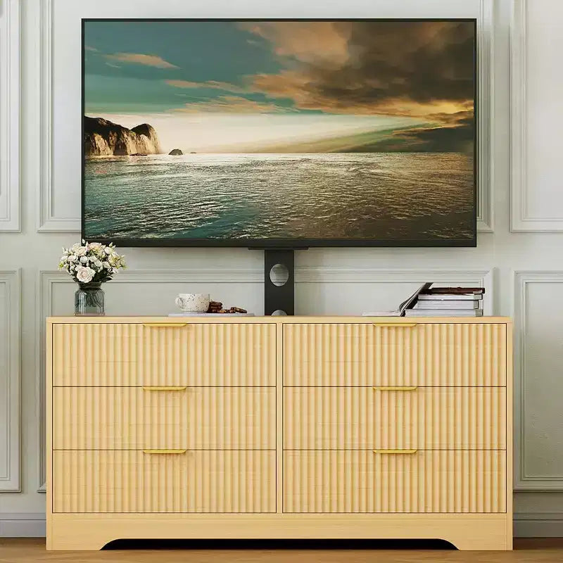 Meuble TV cannelé - Meuble TV en bois avec 6 tiroirs, Console média moderne