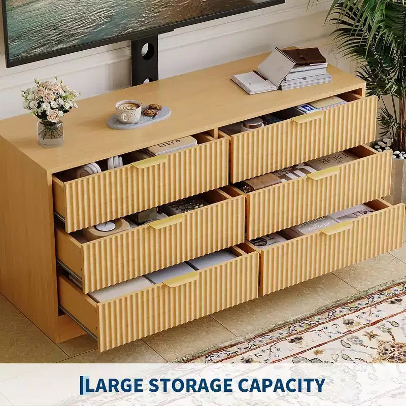 Meuble TV cannelé - Meuble TV en bois avec 6 tiroirs, Console média moderne