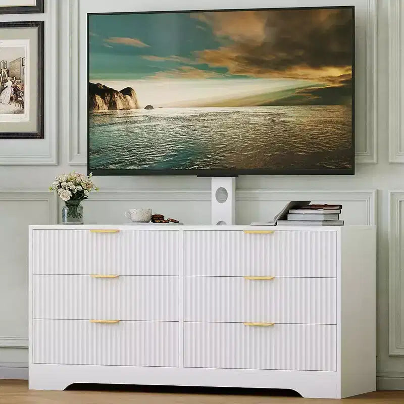 Meuble TV cannelé - Meuble TV en bois avec 6 tiroirs, Console média moderne