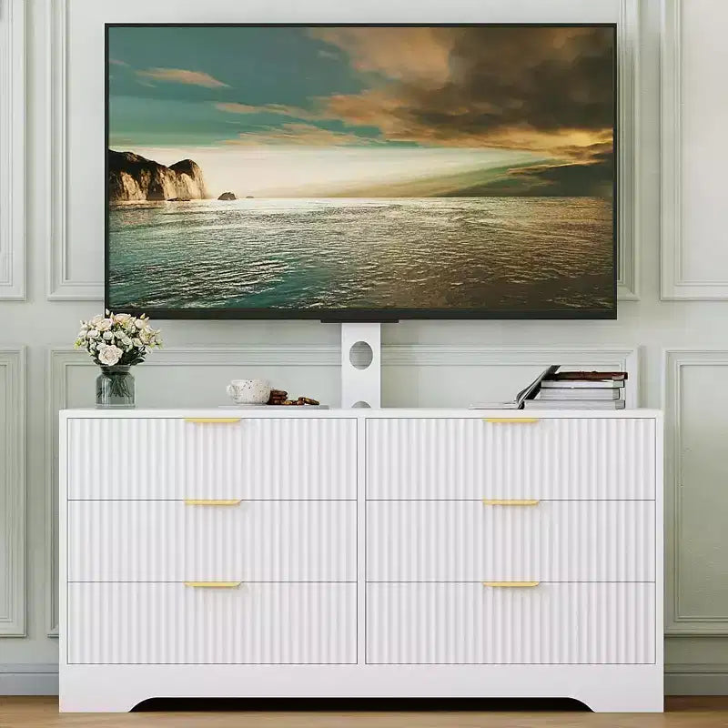 Meuble TV cannelé - Meuble TV en bois avec 6 tiroirs, Console média moderne