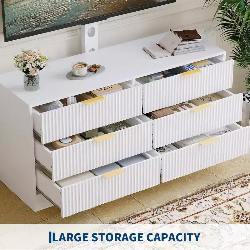 Meuble TV cannelé - Meuble TV en bois avec 6 tiroirs, Console média moderne