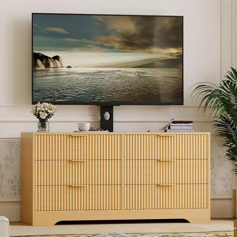 Meuble TV cannelé - Meuble TV en bois avec 6 tiroirs, Console média moderne